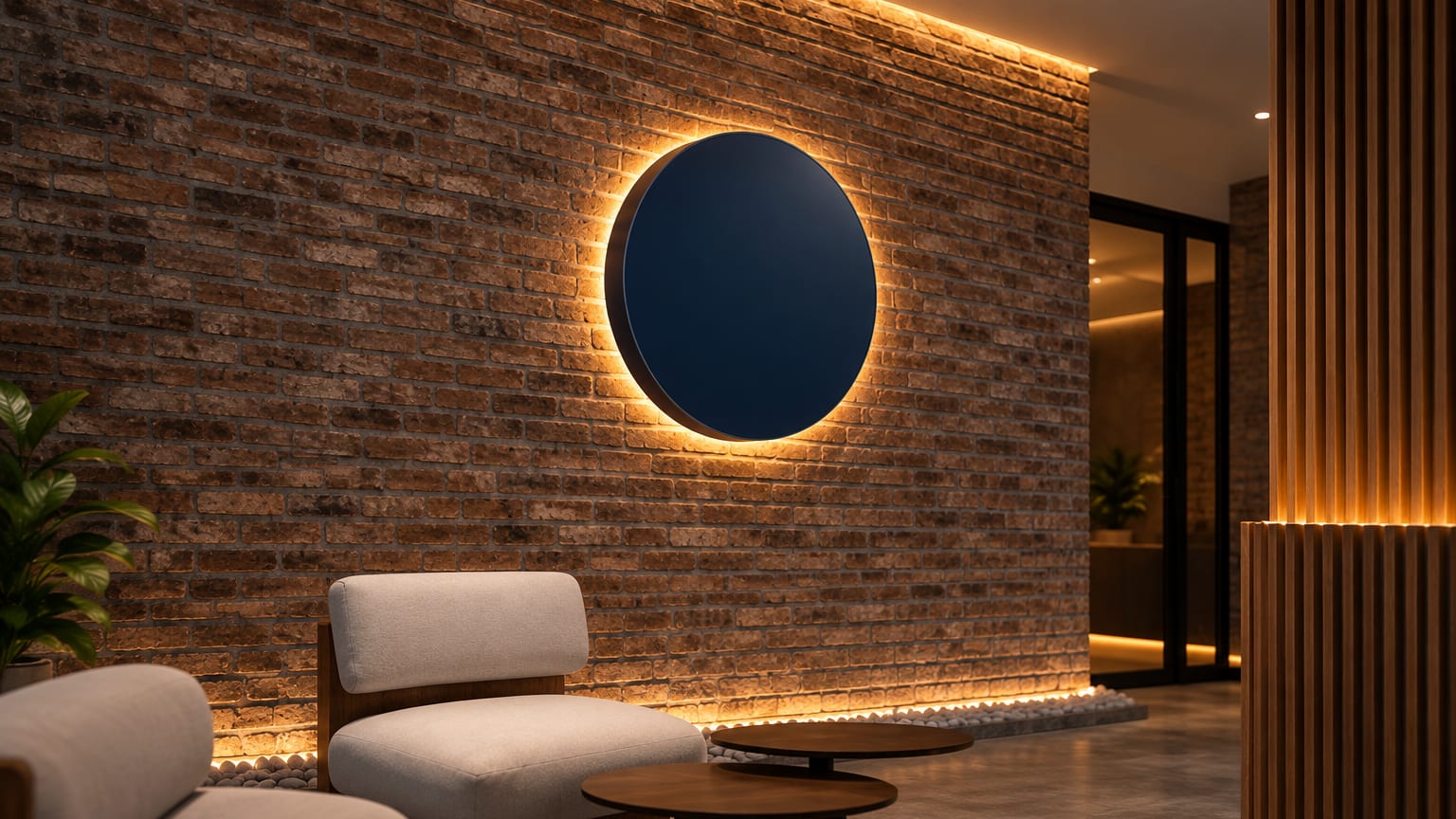 A backlit circular sign glowing on a reclaimed-brick wall above a lounge seat in a warmly lit commercial interior.